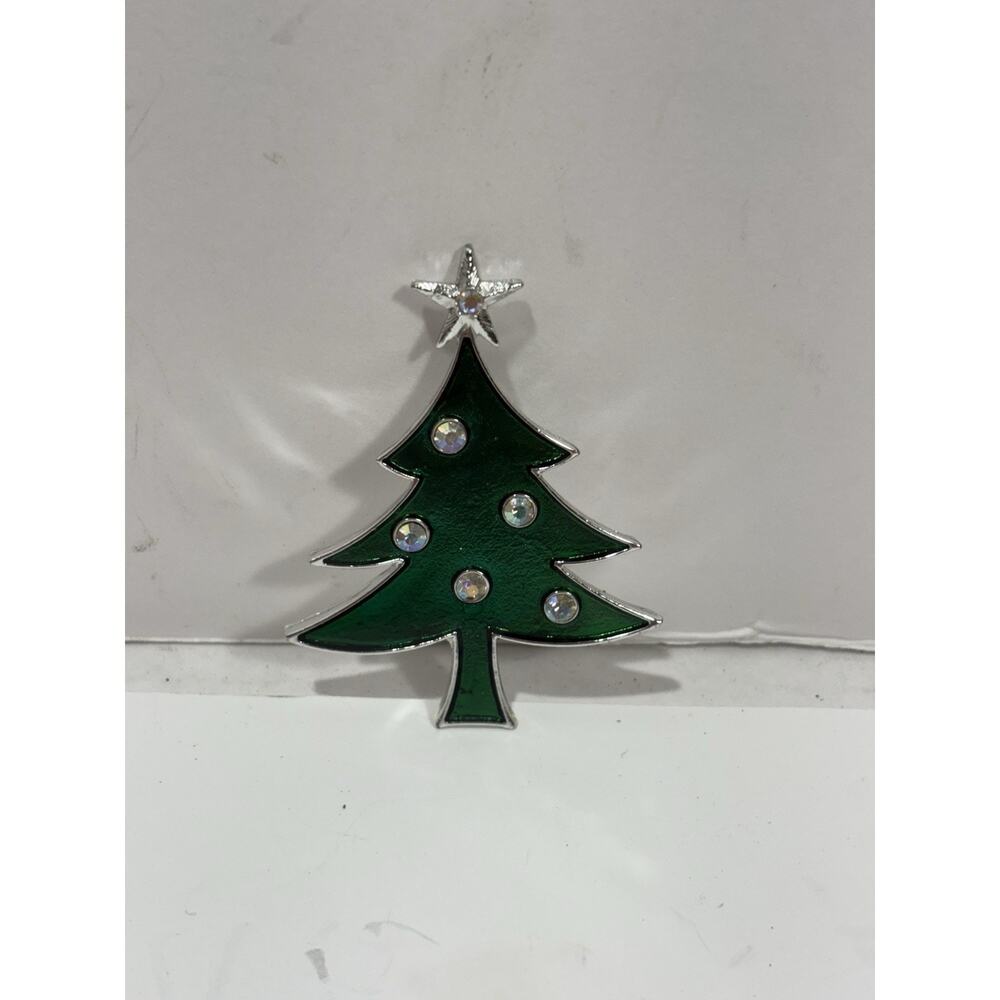 Vintage Signed Tancer II Christmas Tree Green Enamel AB Rhinestone Brooch Pin